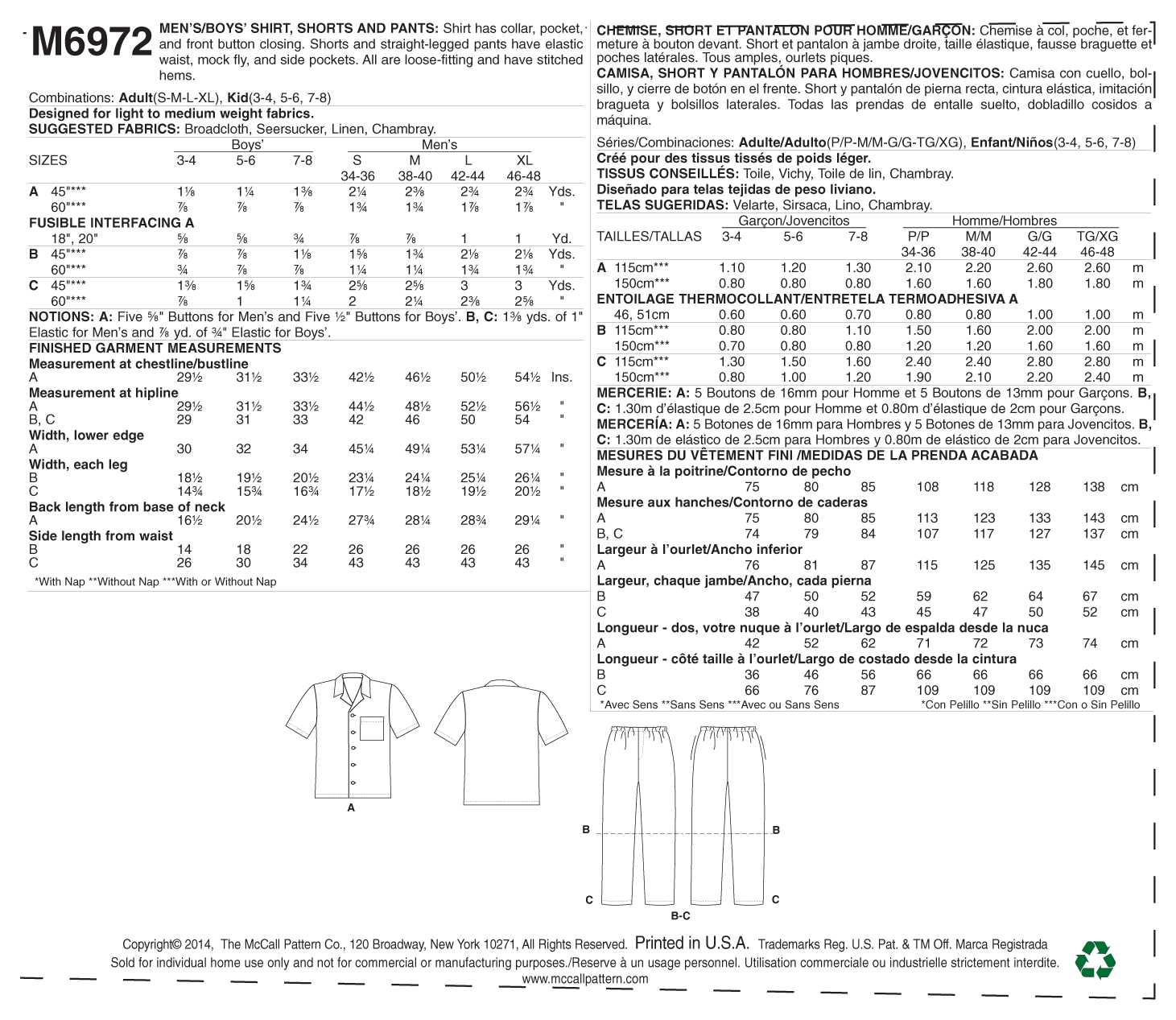 McCalls Men/Child Shirt, Shorts & Pants M6972 - Image 8